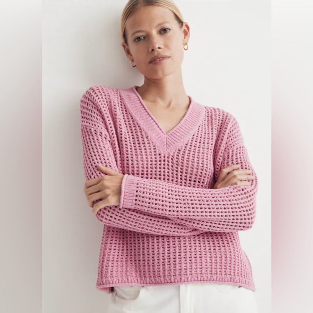 MADEWELL OPEN-STITCH V-NECK PULLOVER SWEATER, SIZE S.